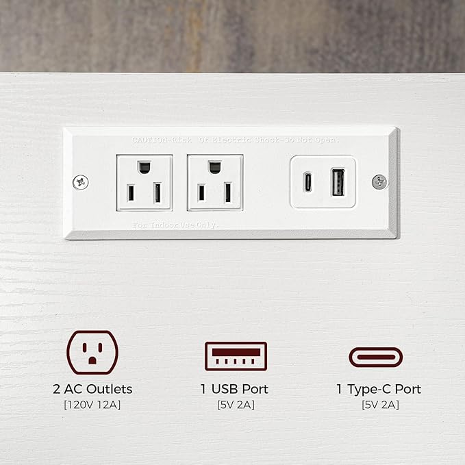 Farmhouse Nightstand with Charging Station, White Bedside Table with USB&Type-C Ports and Outlets, End Table with Storage, Night Stand for Bedroom, White and Black ETBW96E01