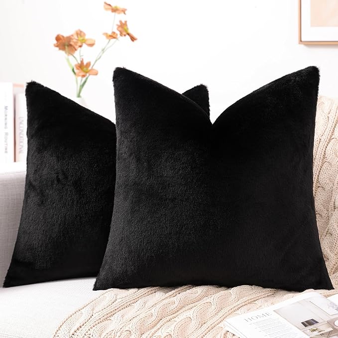 Pallene Faux Fur Plush Throw Pillow Covers 24x24 Set of 2, Luxury Soft Fluffy Cozy Decorative Pillow Covers for Sofa, Couch, Living Room, Black