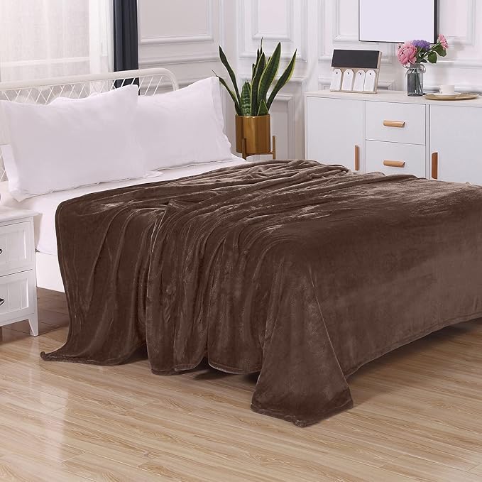 Elegant Comfort Luxury Velvety Feel Blanket, All-Season Lightweight Blanket, Ultra Plush, Soft, Cozy-Fuzzy Flannel Fleece for Couch, Sofa, Bed, Travel, Solid Design, Full/Queen, Brown