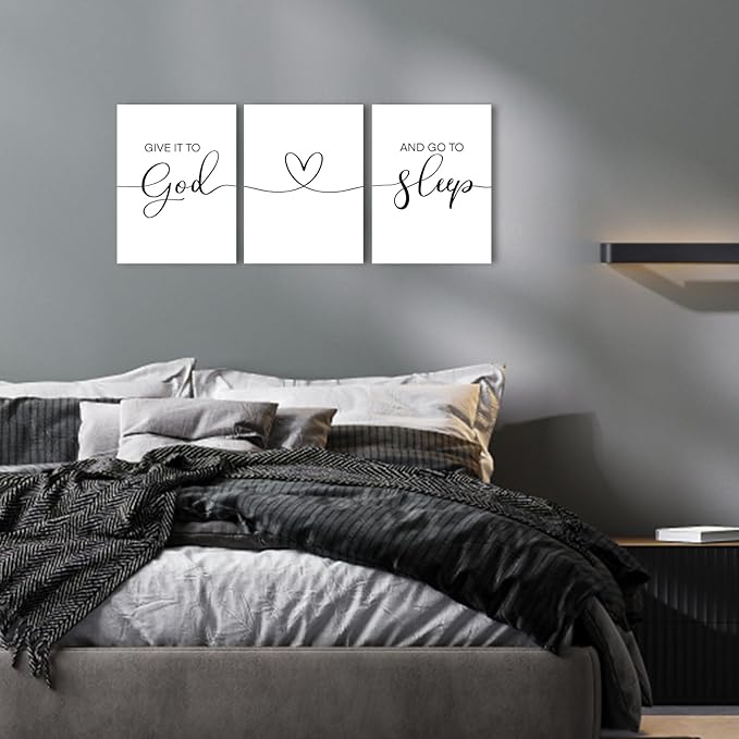 Give It To God And Go To Sleep Wall Art: Modern Farmhouse Bedroom Signs Decor for Couples,Aesthetic Minimalist Bedroom Pictures Wall Decor Above Bed Hanging Wall Plaques 12x16 Inch,Set of 3