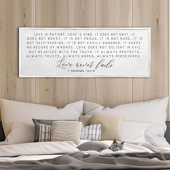 Love is Patient Love is Kind Wall Decor 40"X15" Large Bible Verse Quote 1 Corinthians 13 For Bedroom Above Bed Christianity bible Verse Couple Sign Hanging Wood Framed Wall Art (White）