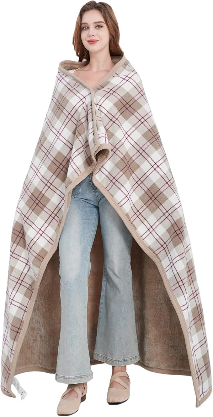 forestfish Fleece Wearable Blanket Oversized, Comfy Lightweight Lap Blanket Poncho Throw with Buttons, 63“x 55”(Brown)
