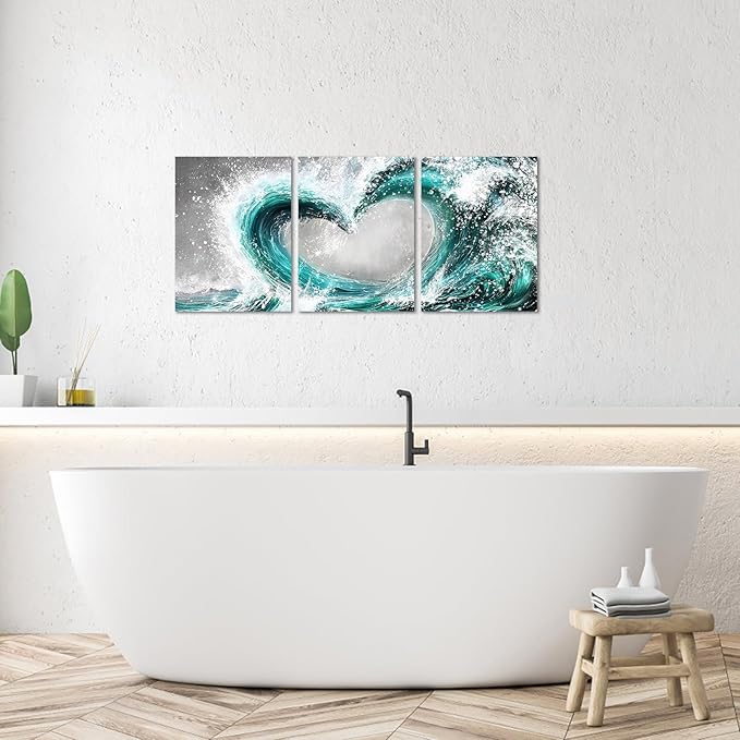 HOMEOART Bedroom Wall Art Ocean Wave Painting Love Sign Wall Decor Framed Artwork Bathroom Bedroom Living Room Decor (Turquoise)