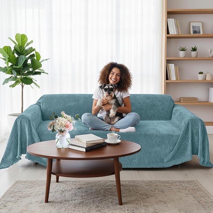 Smiry Couch Cover for Dogs, Washable Chenille Sofa Covers for 3 Cushion Couch, Soft Sofa Slipcover for Pets, Thick Sectional Furniture Protector with Tassels (Blue, 71x150 Inch)