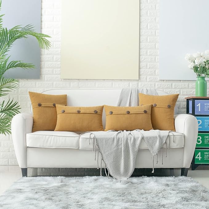 HWY 50 Mustard Yellow Chenille Throw Pillow Covers 20x20 Inch with Triple Buttons, Soft Farmhouse Accent Decorative Cushion Cases for Couch Sofa Bed Living Room Pack of 2