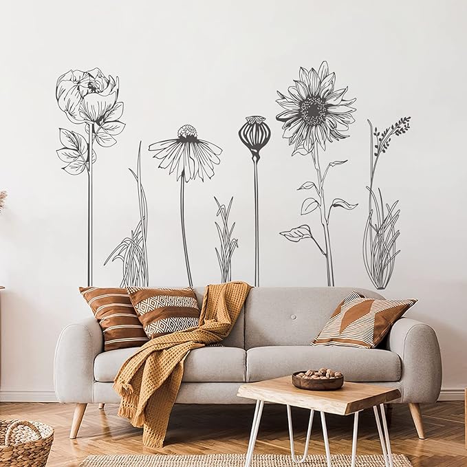 Black Simple Flower Plant Wall Decals, 2 Sheets Large Boho Floral Modern Wall Stickers Peel Stick Sketch Wildflower Wallpaper Art Decor for Bedroom Living Room Office Gifts for Mom(11.8x35.4 in/Sheet)