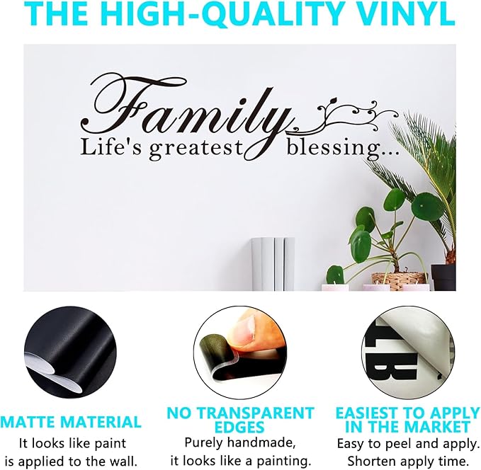 Motivational Home Wall Decals for Bedroom: Inspirational Family Quotes Vinyl Art Wall Stickers for Living Room Kitchen Apartment Bathroom - Family Life's Greatest Blessing 45" X 12.6"