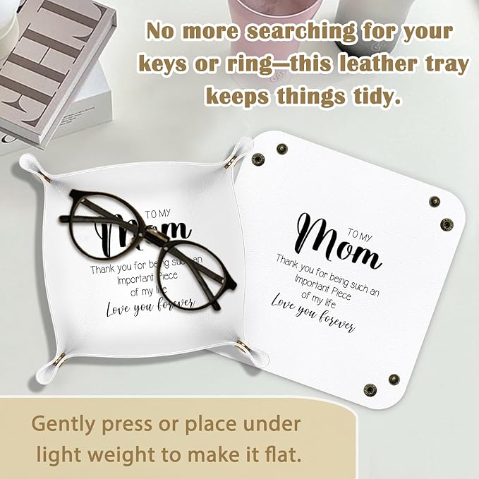 Mom Gifts Leather Jewelry Valet Tray,I Love You Mom Gift from Son Daughter PU Leather Catchall Beside Caddy Nightstand Organizer Tray for Jewelry Rings Watches Keys and Accessories,7.8x7.8inch