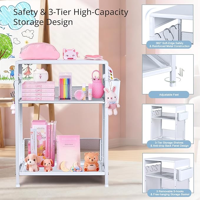 Kids Nightstand, 3-Tier Metal Side Table with Adjustable Storage Shelf, Basket & 3 S-Hooks, Small Bedside Table for Nursery, Toddler Bedroom and Small Spaces (White)
