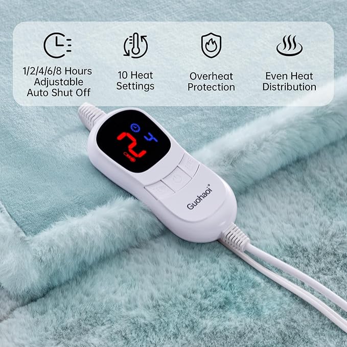 Guohaoi Heated Blanket Electric Throw, Soft Faux Rabbit Fur Electric Blanket with 10 Heating Levels 5 Sitting Timer Auto Off, Cozy Warm Heating Blankets, Machine Washable(50"×60" Blue)