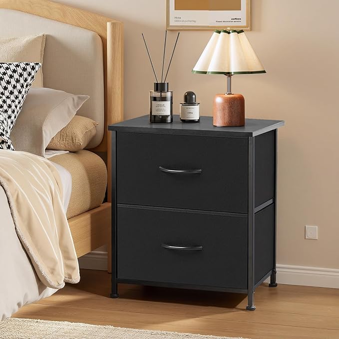 Nightstand Set of 2, Small 2 Drawer Dresser End Table Bedside Furniture, Wooden Top Fabric Bins for Bedroom, Closet, Entryway, Dorm, 11.8" D x 18" W x 20", Black