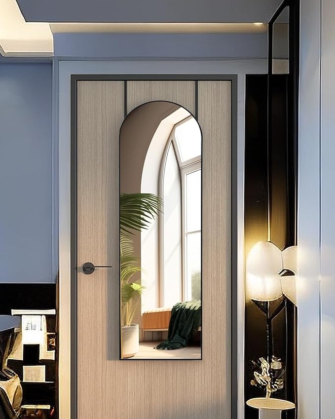 Full Length Mirror 48x14 Inches - Over The Door Hanging Mirror for Bedroom, Living Room, Closet - Arch Floor Mirror, Door Mirror with Black Frame - No Drill Easy Install
