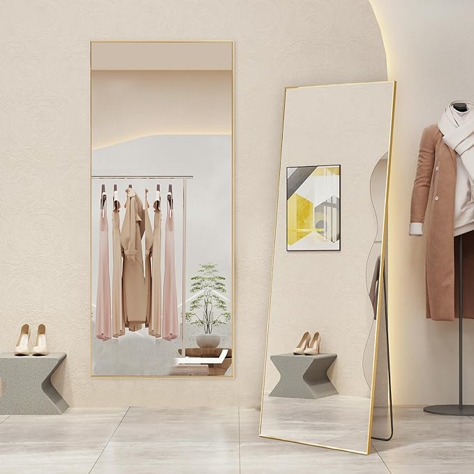 Mirror Full Length, Upgraded Body Wall Mirrors with Shatter-Proof Glass, Floor Standing, Hanging or Leaning, Tall Mirror with Stand Aluminum Alloy Frame for Bedroom