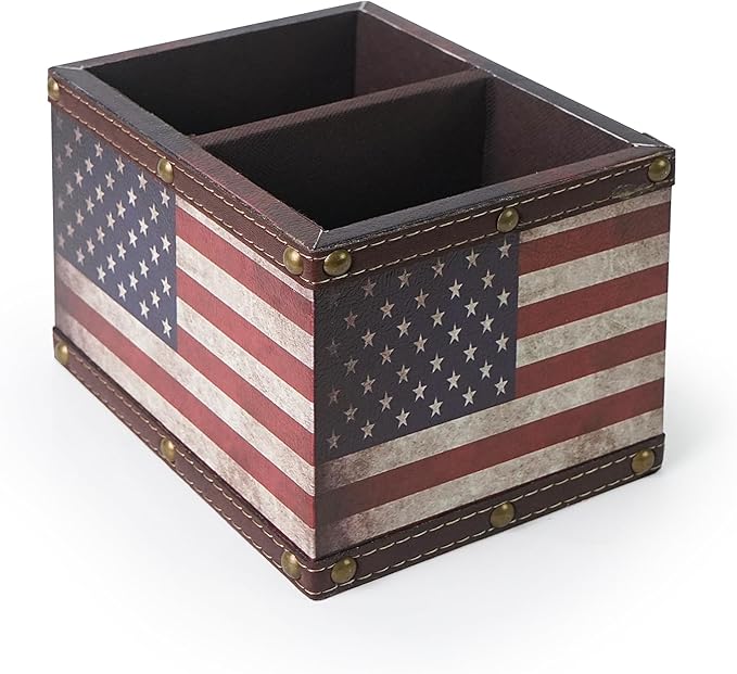 DreamsEden Wooden Remote Control Holder, Leather TV Caddy for Table, Decorative American Flag Organizer Storage Box for Home Office