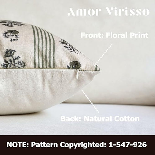 Amor Virisso Floral Throw Pillow Covers 24x24 Set of 2 Block Print Pillow Covers Neutral Floral Striped Farmhouse Decorative Pillow Covers for Sofa Couch Bed, Dusty Green