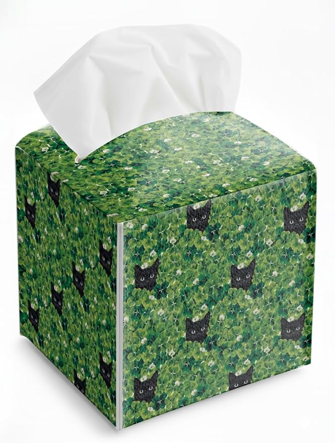 St.Patrick's Day Napkin Tissue Box Cover, Clover Black Cat Waterproof Leather Paper Organizer Dispenser for Table Dining, Bathroom, Nightstand Vanity, Car, Housewarming Gift Ideas, I