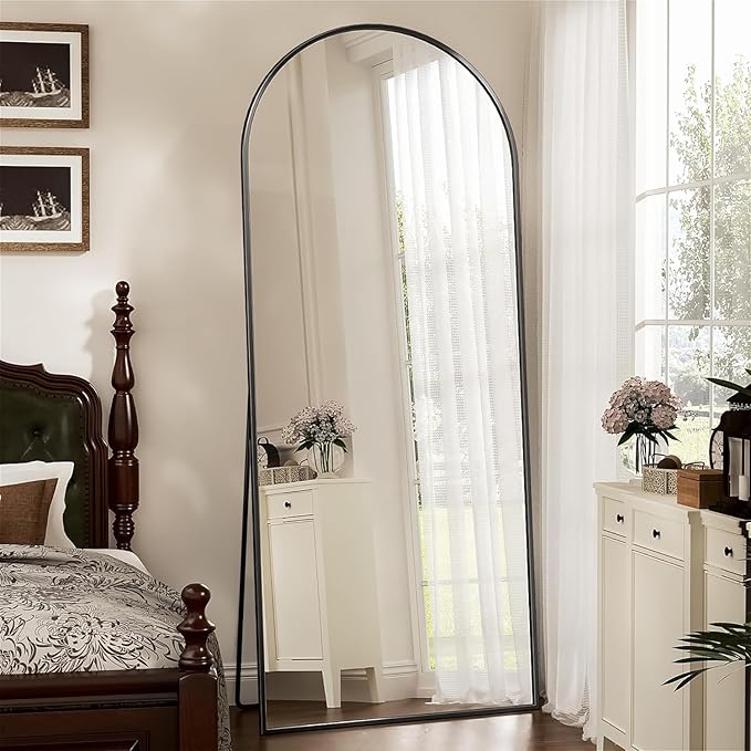 Antok Full Length Floor Mirror Arched Standing Mirror with Aluminum Frame - Freestanding Wall Mount Leaning Body Mirror for Bedroom Living Room Entryway, 64" L x 21" W, Black