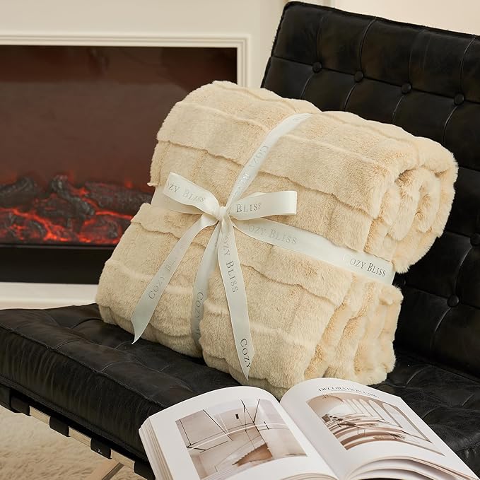 Cozy Bliss Fluffy Faux Fur Throw Blanket for Couch,Warm Cozy Soft Beige Throw Blankets for Sofa Bed Living Room,60x80 Inches