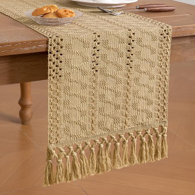 Socomi Boho Table Runner Macrame Easter Spring Farmhouse Woven Cotton Linen Rustic Coffee Table Runner with Tassels for Dresser Scarf Home Decor Dining Room 12x90 inch Champagne