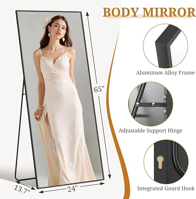 Full Length Mirror 65"x24" Full Body Mirror Rectangle Free Standing Wall Mounted Leaning Floor Mirrors with Stand Aluminum Alloy Frame for Bedroom Cloakroom, Black