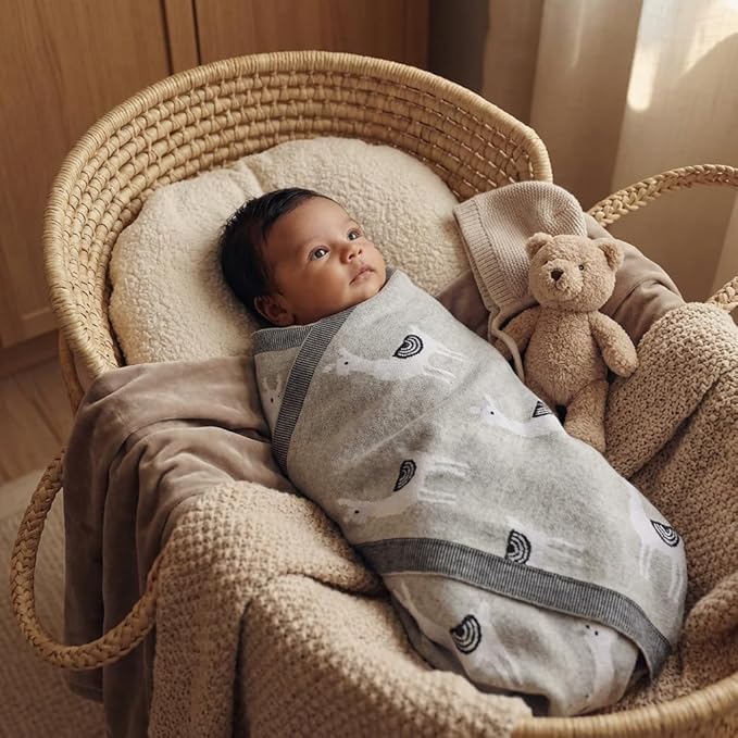 Knit Baby Swaddle Blanket - 100% Luxury Cotton Soft Cozy Receiving Swaddle Crib Stroller Blanket for Shower Gift Registry for Newborns, Infants, Toddlers (Llama - Grey)