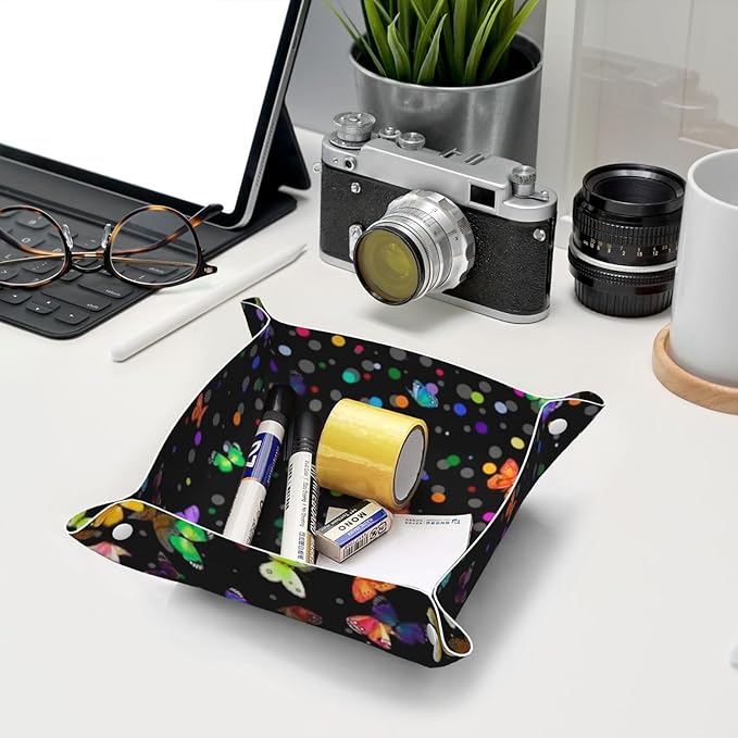 Starry Butterfly Leather Vanity Tray Desktop Storage Organizer, Decorative Catchall Perfume Tray, Bathroom Valet Tray,Nightstand Caddy Holder for Keys Phone Wallet Coin Jewelry, S