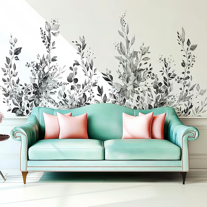 Black Plants Leaves Wall Decals Peel and Stick, Large Floral Flowers Vinyl Wall Stickers, Removable Vine Home Decor Art for Bedroom Living Room Classroom Office