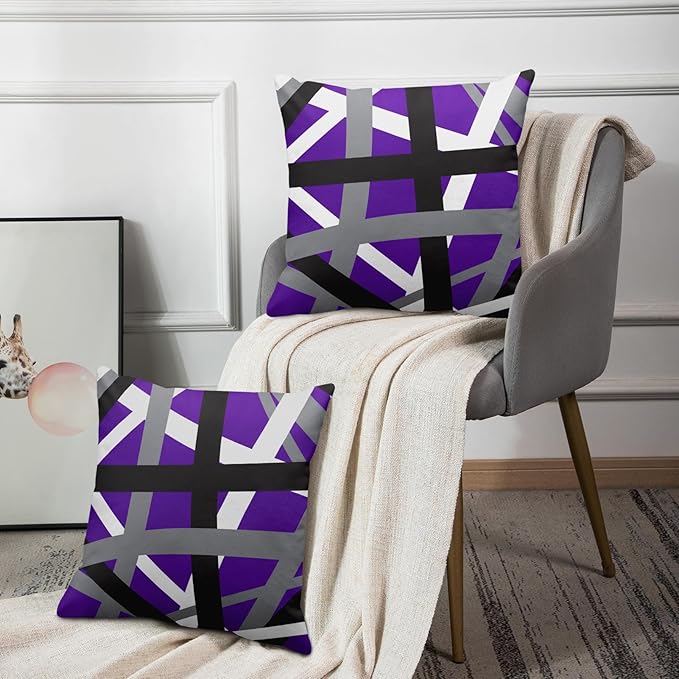 Emvency Set of 2 Throw Pillow Cover Purple Black Stripes Grey White Design Retro Decorative Pillow Case Striped Home Decor Square 18x18 Inch Cushion Pillowcase