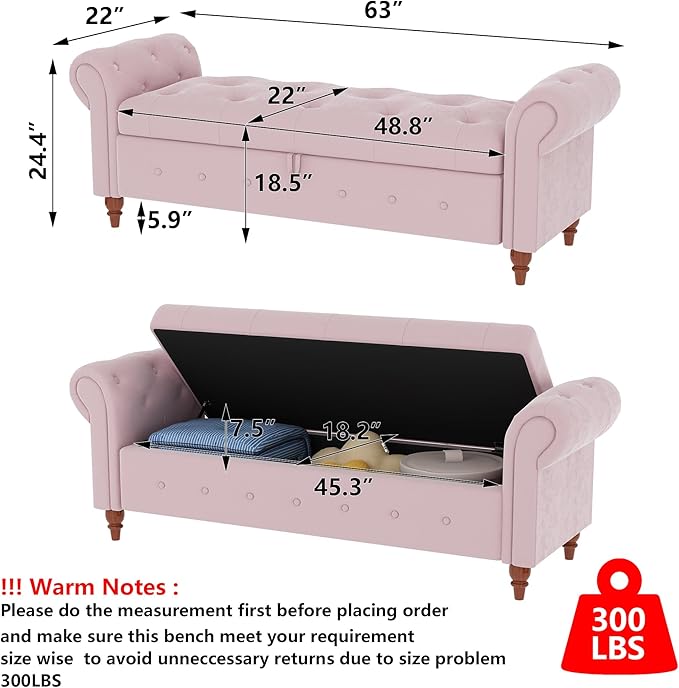 Aoowow Rolled Arm Storage Benches for Bedroom End of Bed Ottoman Bench 63" Long Bench with Storage and Seating for Living Room,Entryway,Window,Button Tufted with Solid Wood Legs (Velvet Pink)