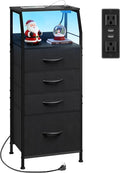WLIVE Night Stand with Charger Station, LED Nightstand with 4 Fabric Drawers and Storage Shelf, Tall Dresser for Bedroom, 37.48" H Bedside Table with 3 USB Ports and Outlets, Black