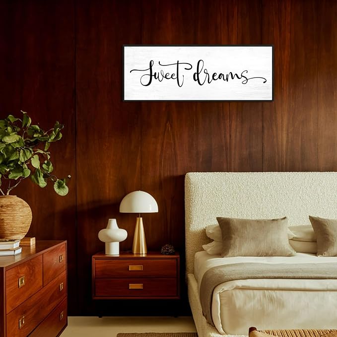 Sweet Dreams Wall Decor Above Bed: 40x15 Inch Framed Canvas Bedroom Wall Art, Farmhouse Bedroom Sign Rustic Hanging Plaque for Master/Guest Room Modern Home Decor