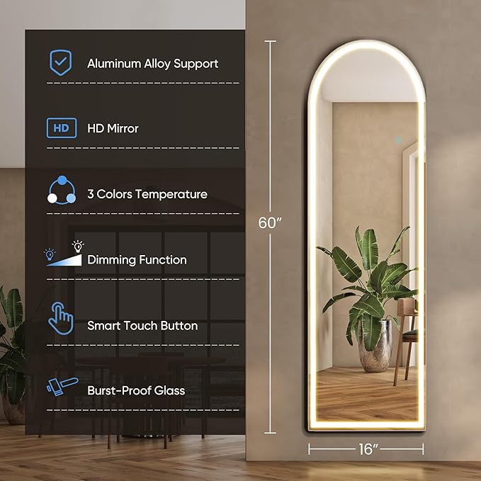 DUMOS Arched Full Length Mirror with Light-15.7×59.8" LED Floor Standing Mirror with 3 Color Lights & Wall Mounted for Bedroom, Dressing Room, Living Room, Bathroom