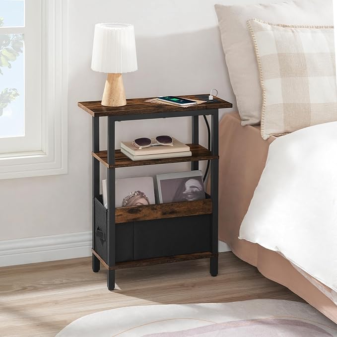 Narrow Side Table with Charging Station, Slim End Table with Fabric Storage, Skinny Nightstand for Small Spaces, Thin Bedside Table for Living Room, Bedroom, Rustic Brown ETHR125E01