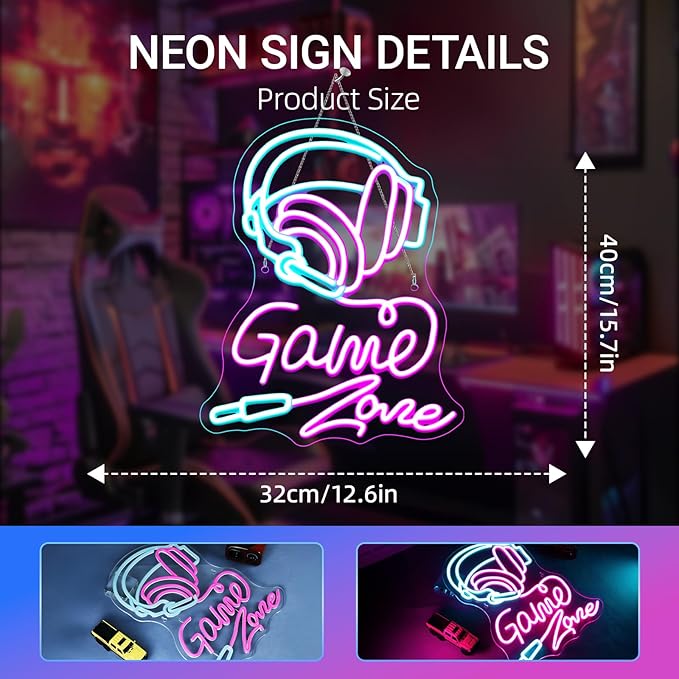 Gameneon Game Zone Neon Sign Gaming Neon Signs for Wall Decor Led Light Boys Bedroom Teen Man Cave Party Bar Playroom Decoration Gamer Lover Gift