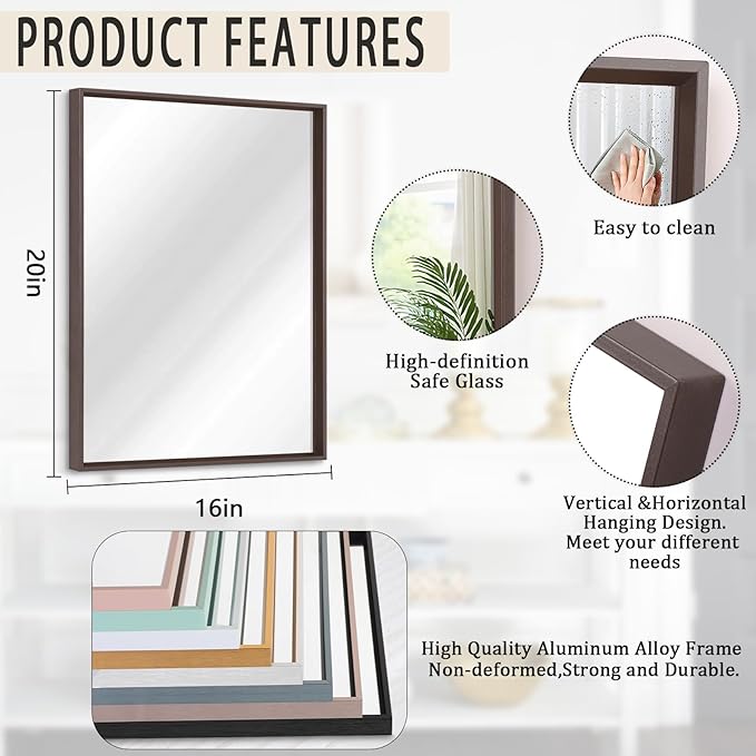 AAZZKANG Bathroom Mirror Rectangular Metal Framed Vanity Mirrors for Bedroom Bathroom Living Room Home Decor 20"x16"