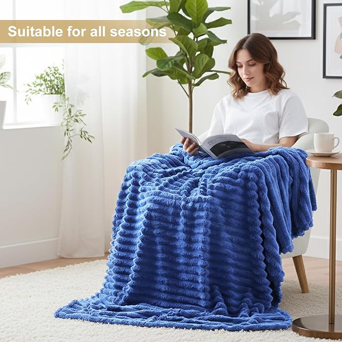 decorUhome Soft Fleece Navy Blue Blanket King Size for Bed, Cozy Fluffy Plush Flannel Large Striped Throws for Couch Sofa, Lightweight Decorative Fuzzy Blanket for Woman, 108x90 Inches