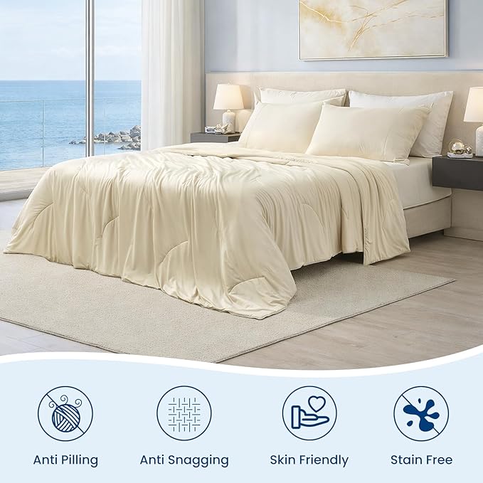 Cozy Bliss Cooling Comforter Twin Size, Reversible Lightweight Cooling Blankets for Hot Sleepers and Night Sweats, Q-Max>0.45 Soft Breathable Silky Smooth Summer Comforter, Khaki, 68"x90"