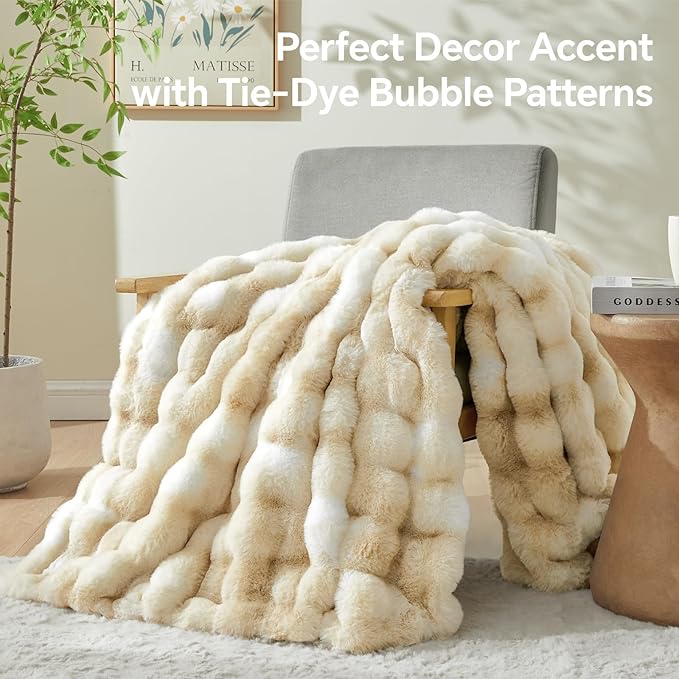 BEDELITE Faux Fur Throw Blanket for Couch, Decorative Tie-Dye Khaki Plush Bubble Blanket - Super Soft & Cozy Fluffy Faux Rabbit Fur Blanket for Women Gift, 60x80 Inches