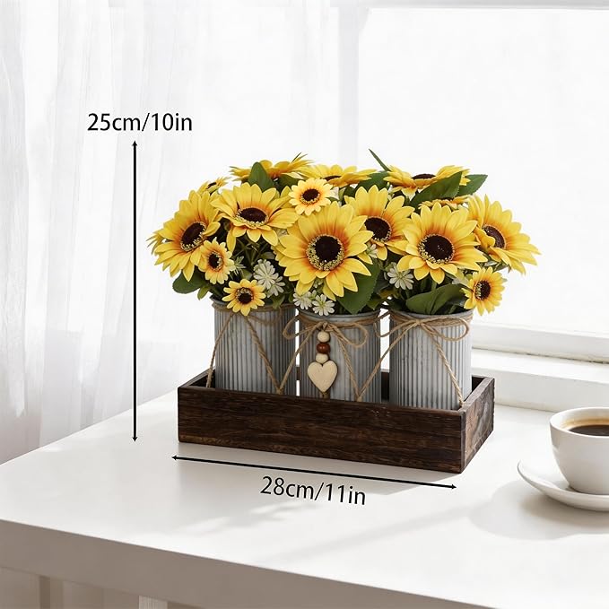 Artificial Sunflower Decorative Centerpiece, Rustic Table Centerpieces Home Decor for Dining Room, Farmhouse Wood Planter Box with 3 Galvanized Metal Pots Decorative