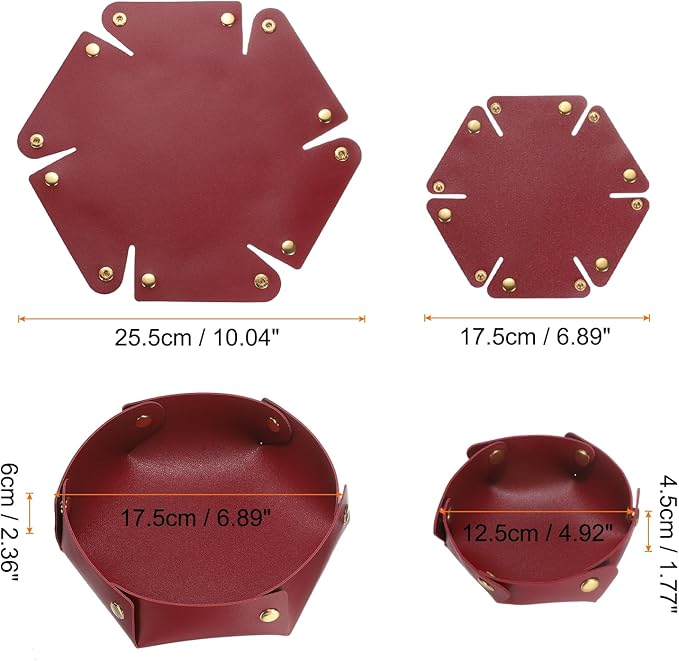 HARFINGTON 2pcs PU Leather Valet Tray Unisex Valet Tray Folding Round Catchall Tray Portable Entryway Table Tray Nightstand Bedside Desk Tray for Key Watch Coin Jewelry Dice, Wine Red