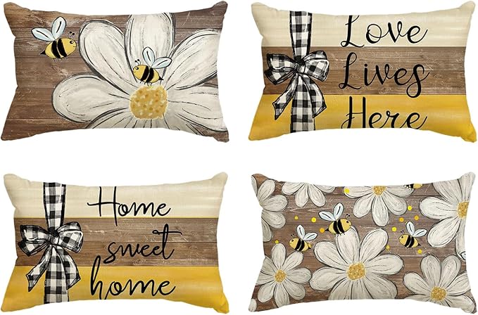 AVOIN colorlife Home Sweet Home Bee Daisy Throw Pillow Covers, 12 x 20 Inch Love Lives Here Spring Summer Stripes Polka Dots Cushion Case for Sofa Couch Set of 4