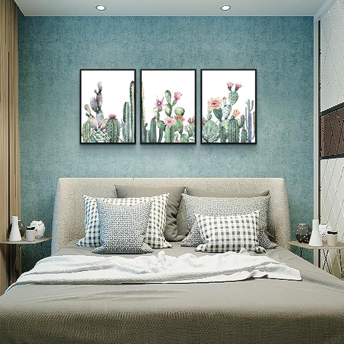 TTHYUEWS Black Framed Wall Art - 3 Piece Framed Prints - Green Succulent Cactus Wall Paintings - Living Room & Bedroom Decor