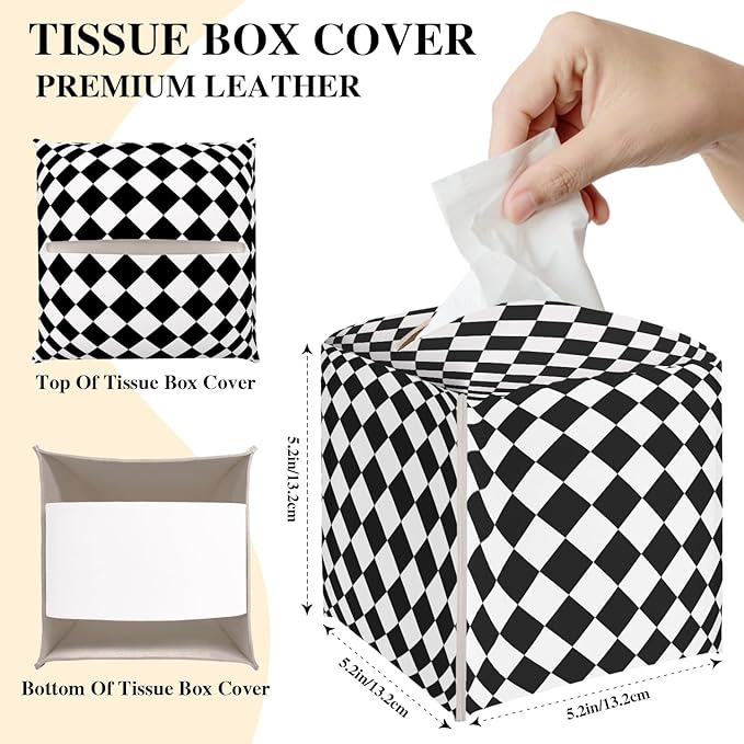 Black and White Checkerboard Tissue Box Cover, Modern Tissue Holder Square with Bottom Belt for Home Bathroom Office Car Nightstand Vanity Desk, Housewarming Gifts Ideas for Women Friends Mom -18