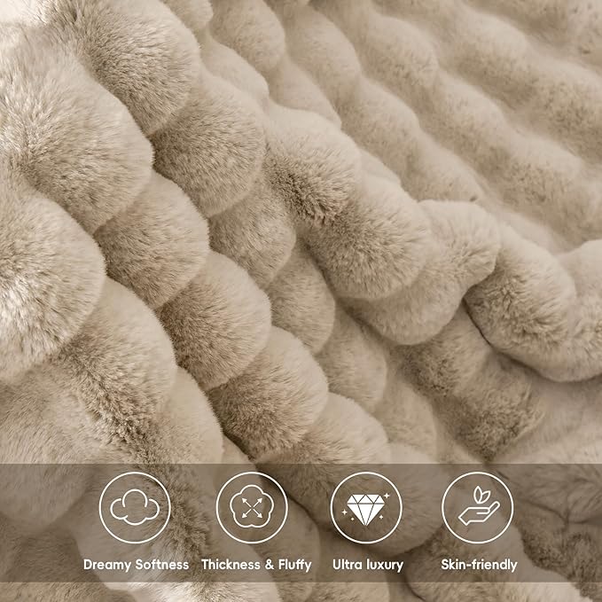 PHF Luxury Faux Rabbit Fur Blanket Twin Size, Ultra Soft Fluffy Plush Cozy Warm Bubble Blanket for Bed, Couch, Chair, Sofa Decorative, Thick Reversible Suitable for Fall & Winter, 60" x 80", Oak