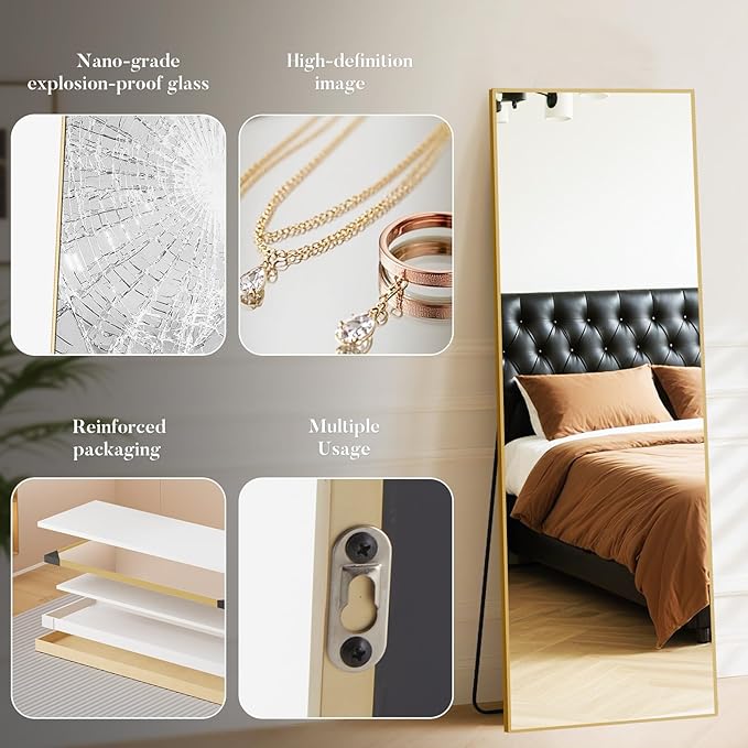 NEWBULIG Full Length Mirror 59.2"x16" for Bedroom, Full Body Mirror with Stand, Hanging or Leaning for Wall, Aluminum Alloy Thin Frame Floor Standing for Living Room, Long, Gold