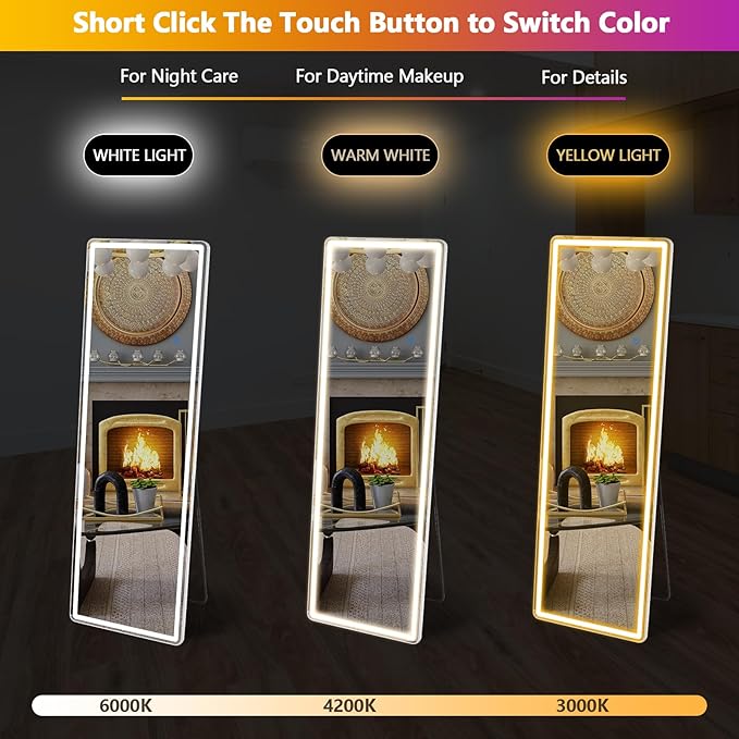 Sweetcrispy Full Length Mirror with LED Lights, 71.3"x26.5" Lighted Floor Mirror with Dimming & 3 Color Lighting, Stand for Bedroom, Dressing Room