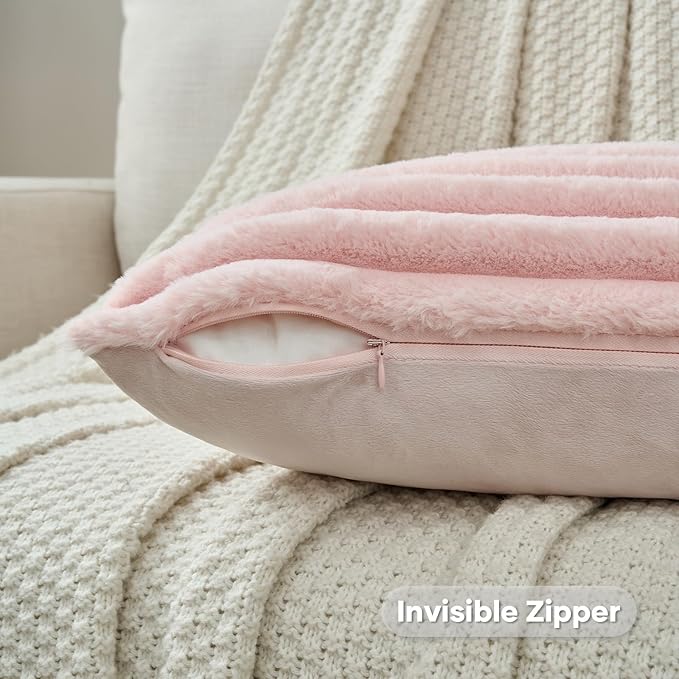 FUTEI Pink Decorative Throw Pillow Covers Set of 2, 26x26 Inch Soft Fluffy Faux Fur Plush Striped Euro Pillow Shams, Modern Home Decor for Couch Bed Living Room