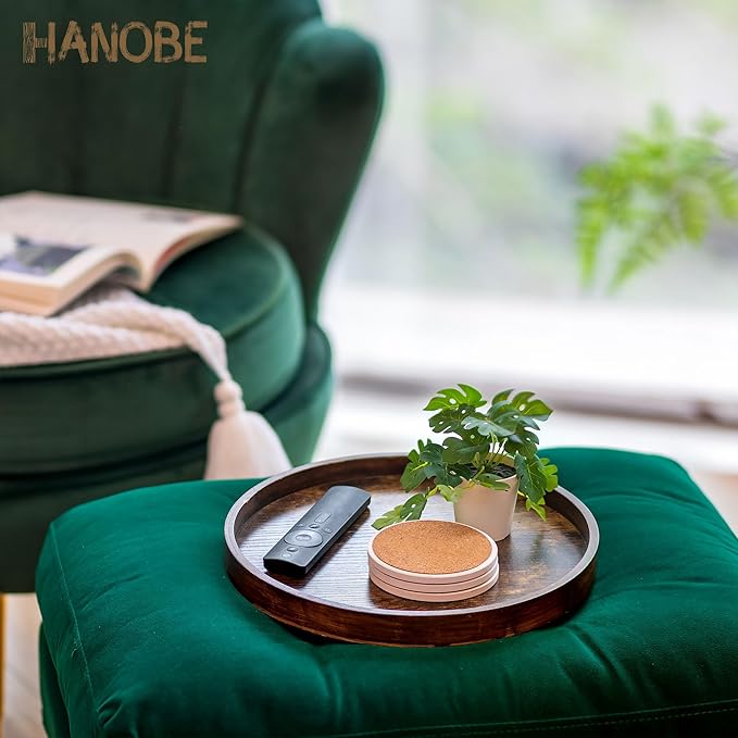 Hanobe DecorativeTray for Coffee Table : Round Vintage Brown Wood Trays for Home Decor - Farmhouse Circle Ottoman Plate for Kitchen Centerpiece Counter Display Living Room 12"