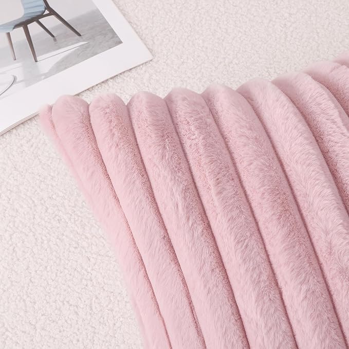 Pallene Faux Fur Plush Throw Pillow Covers 18x18 Set of 2, Luxury Soft Fluffy Striped Decorative Pillow Covers for Sofa, Couch, Living Room, Blush Pink