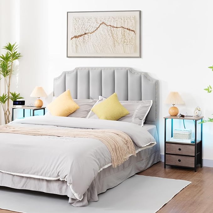 Night Stand Set 2, LED Nightstand with Charging Station, End Tables with Storage Shelf, Bedside Table with 2 Fabric Drawers for Bedroom, Small Spaces, Grey HETS02PGY